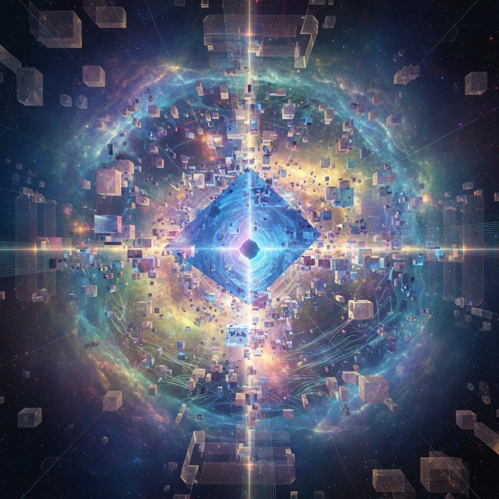 L'image représente un univers virtuel de cubes colorés et lumineux en accord avec l'image présentée.