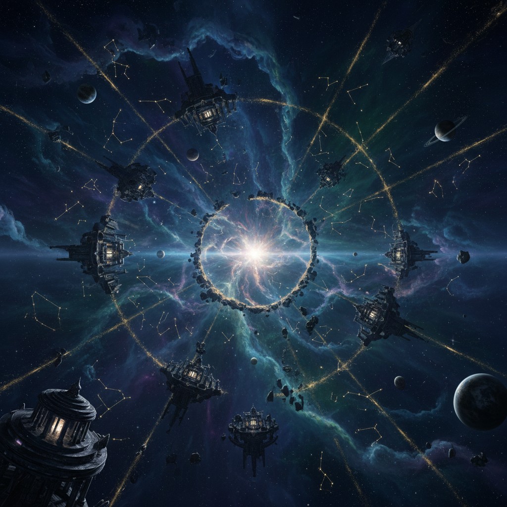 Un vaste espace cosmique divisé en quadrants, avec des structures et des astronefs circulant autour d'une énorme étoile br...